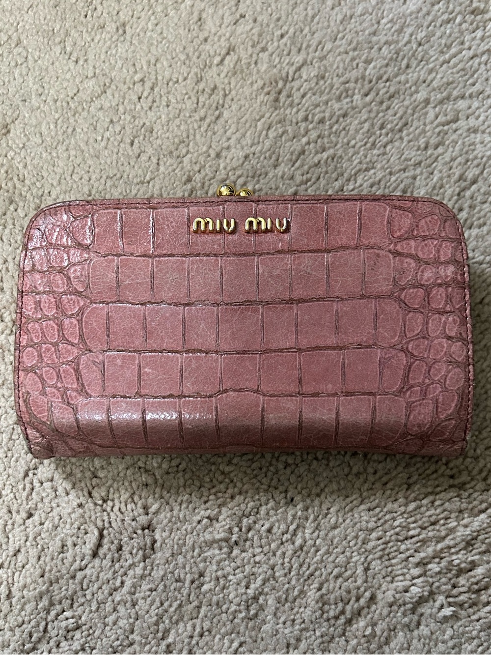 Vintage Miu Miu Pink Croc-Embossed Leather Wallet with flap and kiss lock!